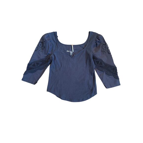 Free People Brunch Date Top Henley Metal Stiletto L Gray Boho Lace Cottagecore - Picture 2 of 14